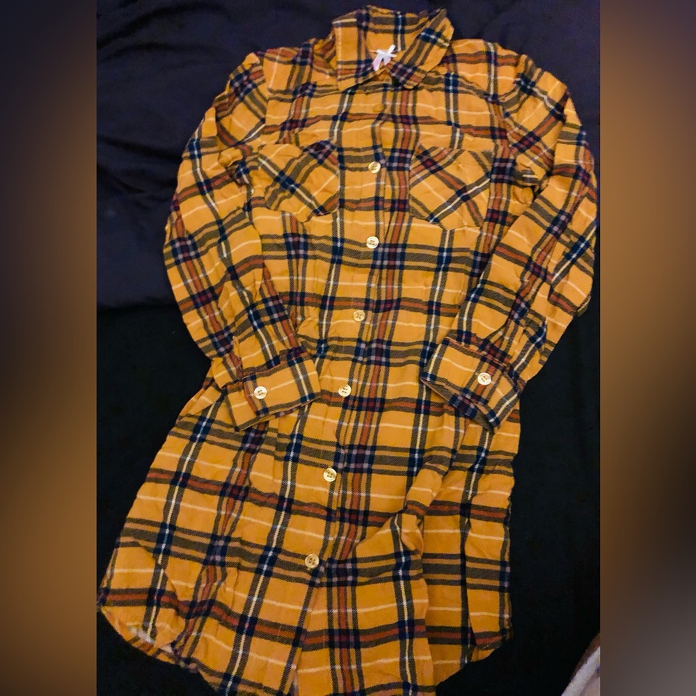 Trende Girl Shirt Dress girls Size 7 Mustard Yellow Plaid long sleeve w pockets